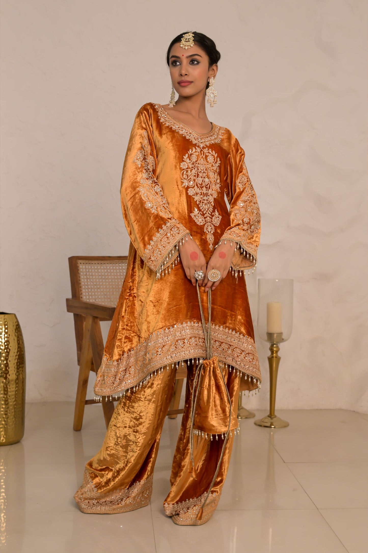 Festive Citrine Pastel Orange Velvet Suit – Noor Celebration Line