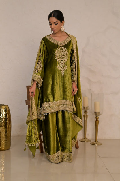 Festive Citrine Olive Green Velvet Suit – Noor Celebration Line