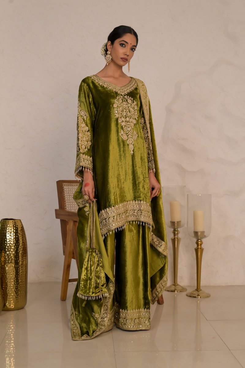 Festive Citrine Olive Green Velvet Suit – Noor Celebration Line