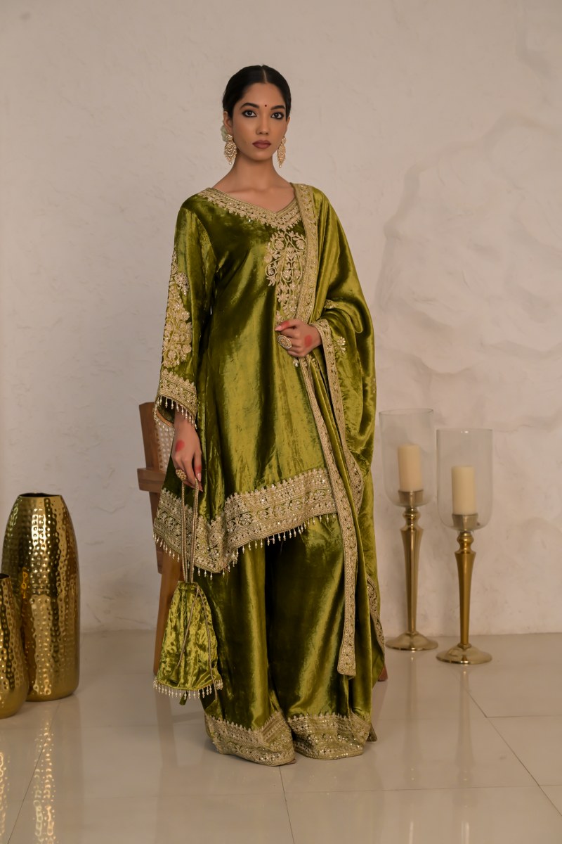 Festive Citrine Olive Green Velvet Suit – Noor Celebration Line