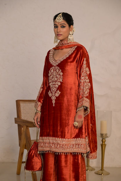 Festive Citrine Rusty Red Velvet Suit  – Noor Celebration Line