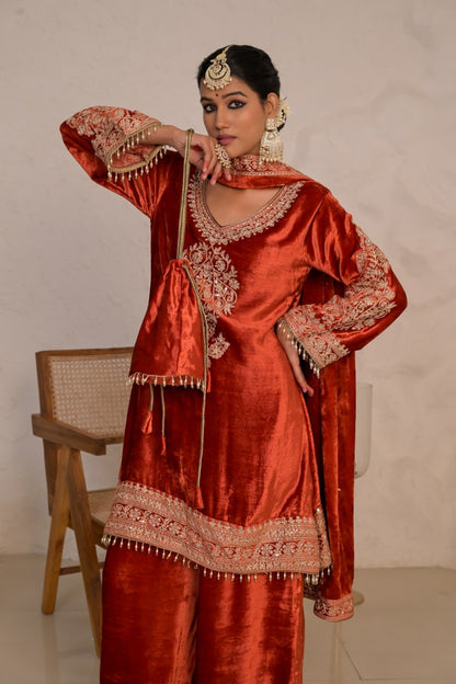 Festive Citrine Rusty Red Velvet Suit  – Noor Celebration Line