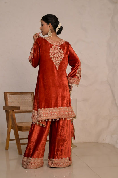 Festive Citrine Rusty Red Velvet Suit  – Noor Celebration Line