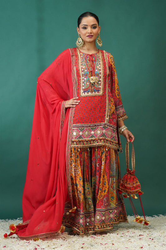 Scarlet Red Festive Ensemble Sharara Suit Set : Sawara Collection