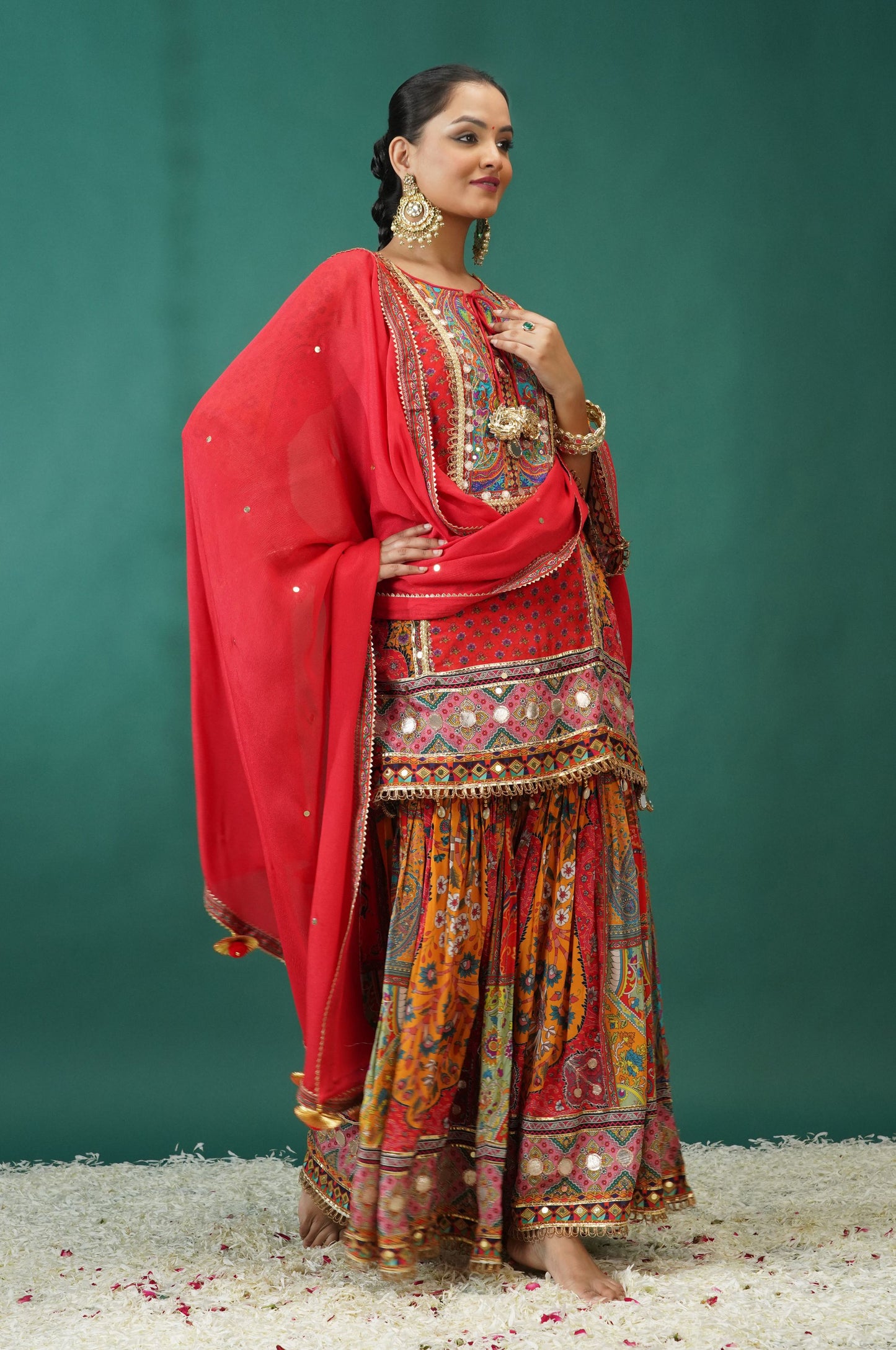 Scarlet Red Festive Ensemble Sharara Suit Set : Sawara Collection