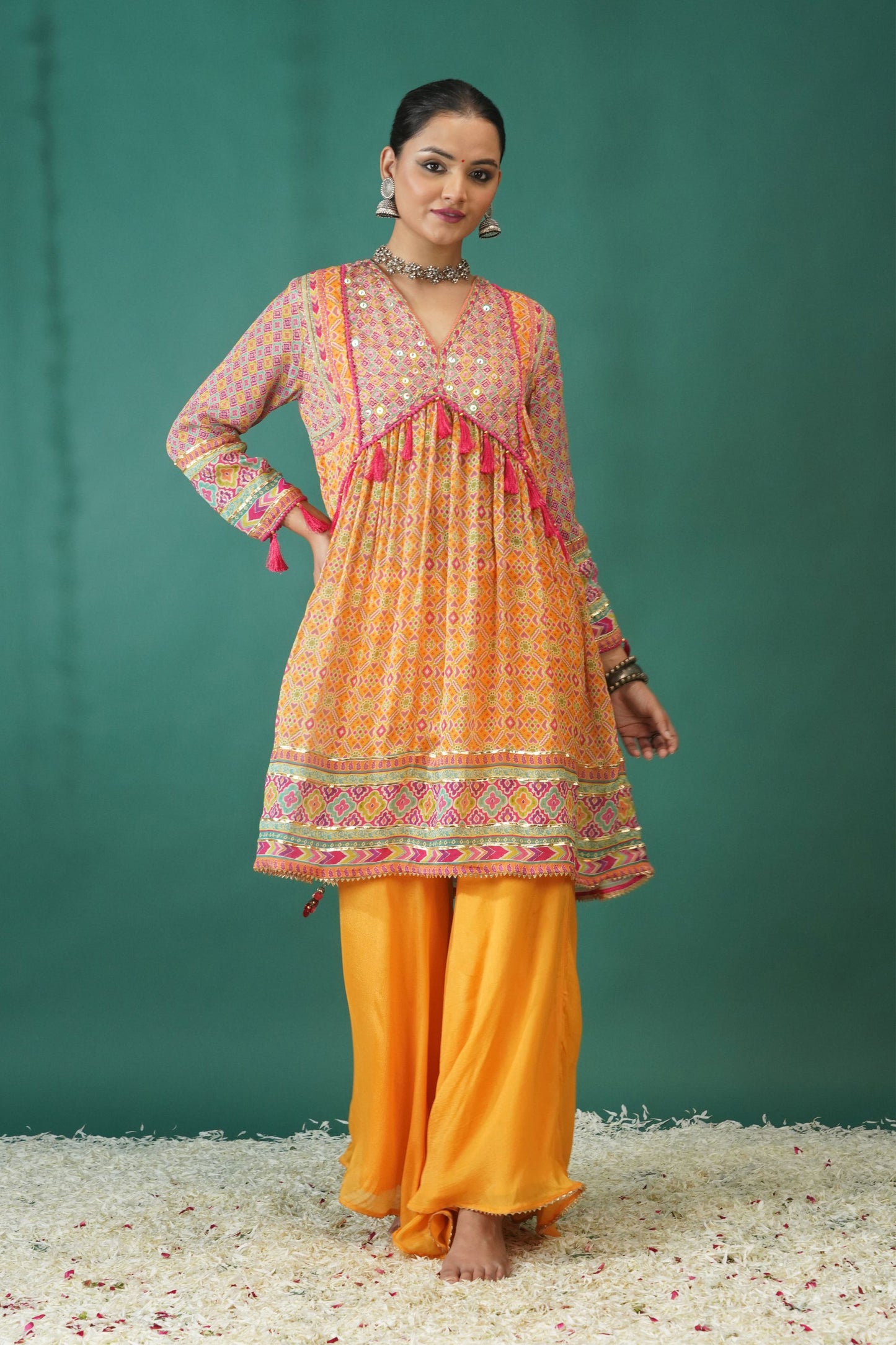 Floral Ensemble Peach Short Anarkali : Sawara Collection