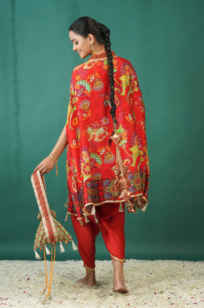 Red Pink Festive Ensemble Kimono with Dhoti : Sawara Collection