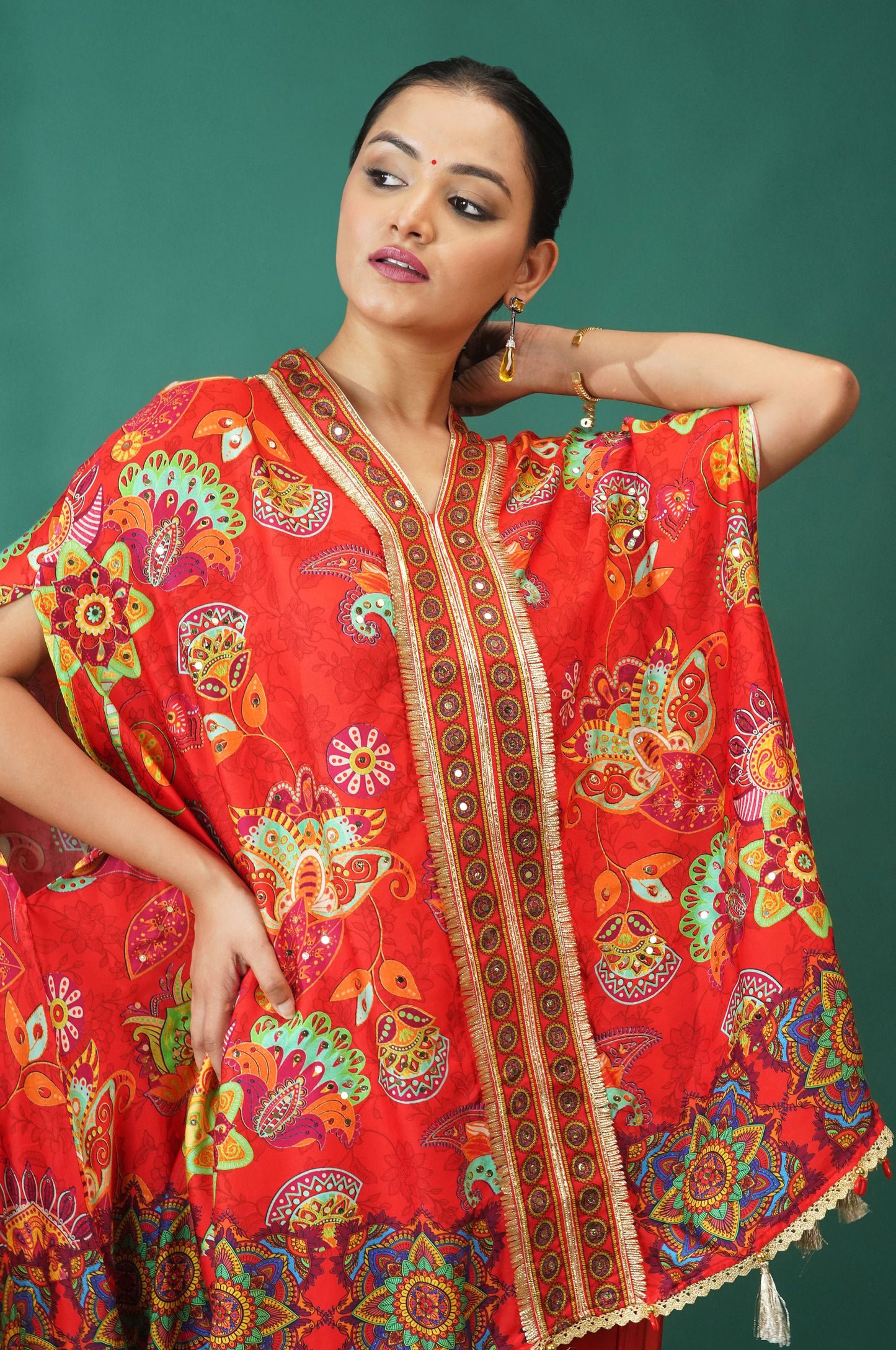 Red Pink Festive Ensemble Kimono with Dhoti : Sawara Collection