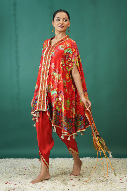 Red Pink Festive Ensemble Kimono with Dhoti : Sawara Collection