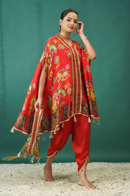 Red Pink Festive Ensemble Kimono with Dhoti : Sawara Collection