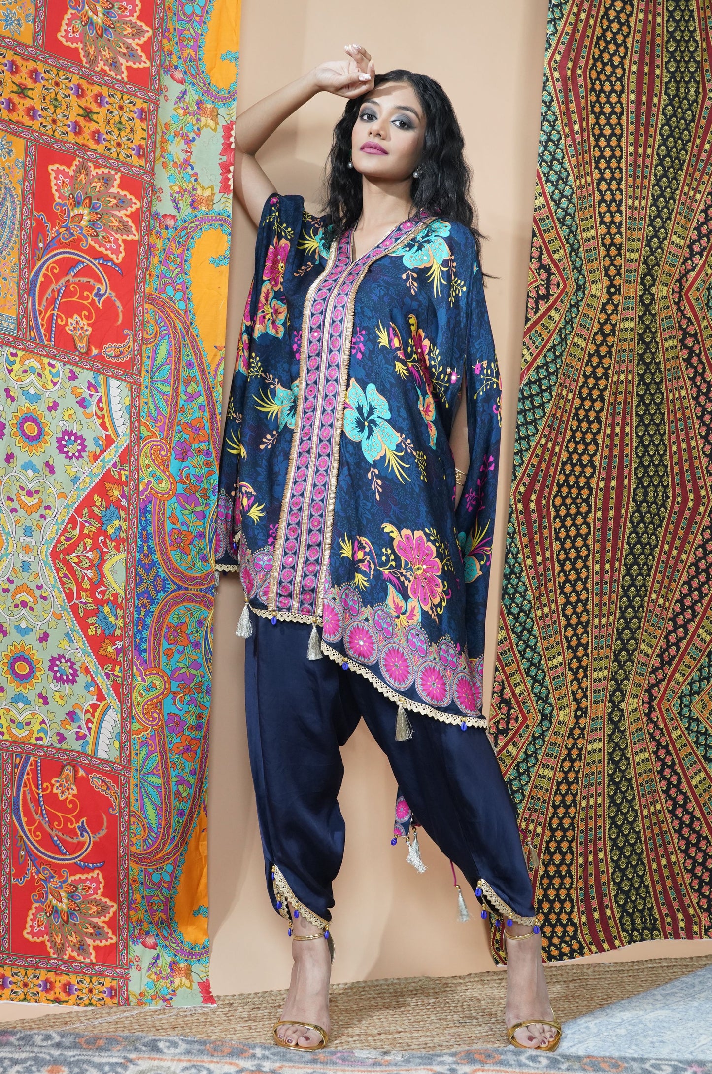 Royal Blue Festive Ensemble Kimono with Dhoti : Sawara Collection