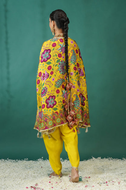 Lemon Yellow Festive Ensemble Kimono with Dhoti : Sawara Collection