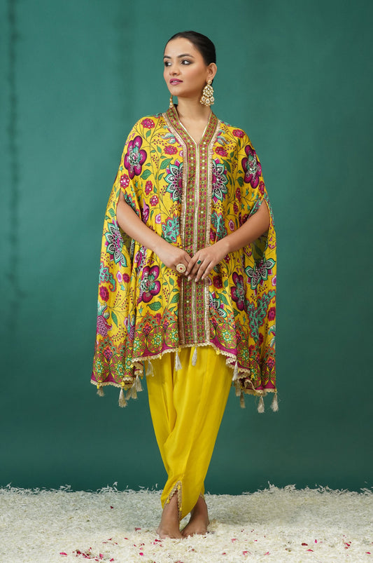 Lemon Yellow Festive Ensemble Kimono with Dhoti : Sawara Collection