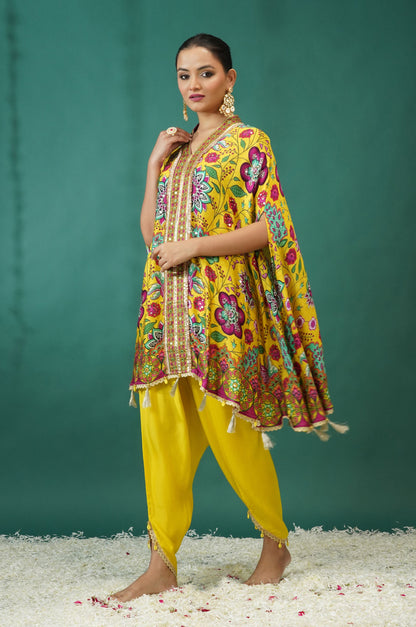 Lemon Yellow Festive Ensemble Kimono with Dhoti : Sawara Collection