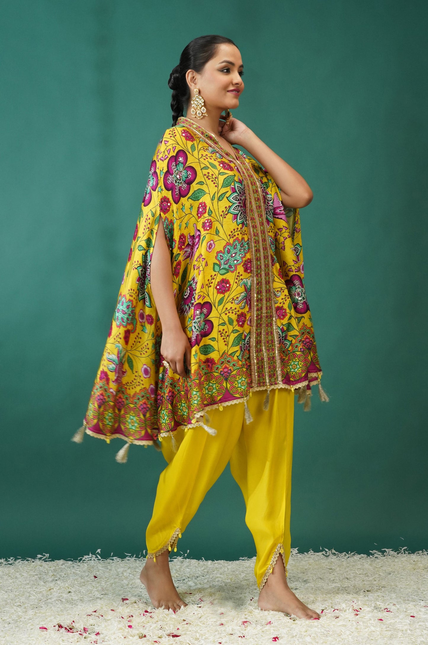 Lemon Yellow Festive Ensemble Kimono with Dhoti : Sawara Collection