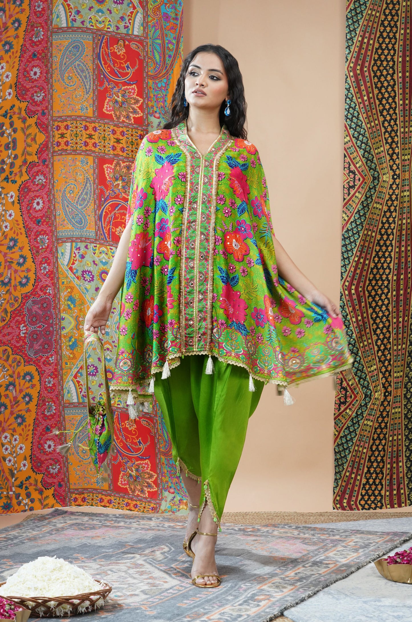 Emerald Green Festive Ensemble Kimono with Dhoti : Sawara Collection