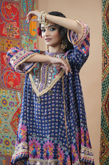 Peacock Blue Viscose Anarkali with Tulip Pant - Swara Collection