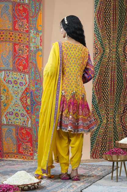 Yellow Viscose Anarkali with Dhoti Pant - Swara Collection