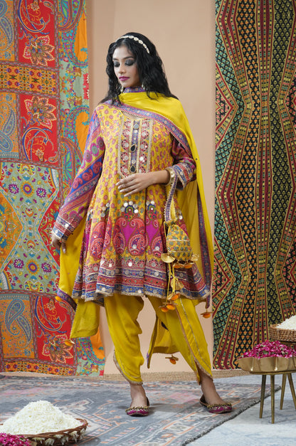 Yellow Viscose Anarkali with Dhoti Pant - Swara Collection