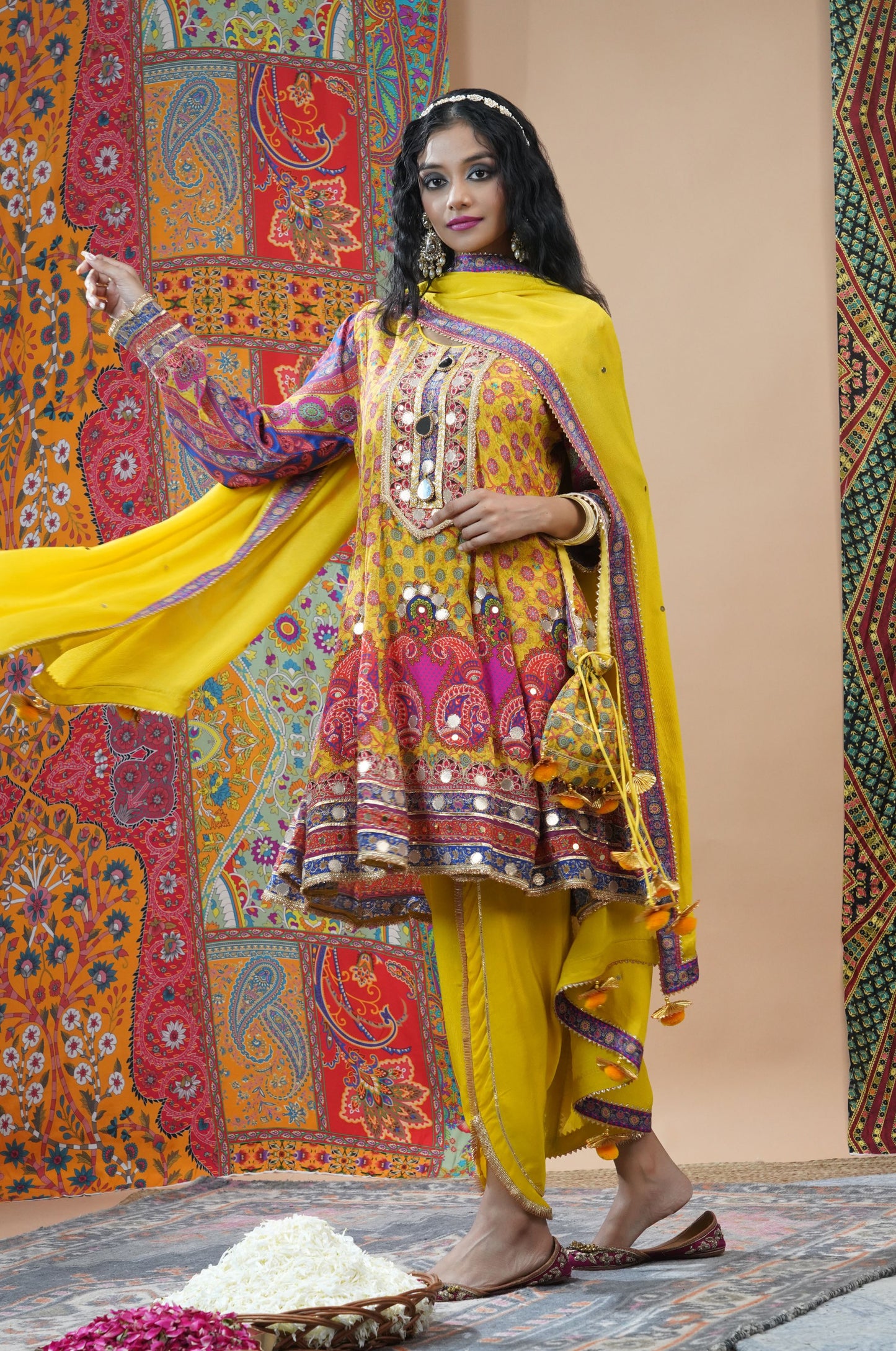 Yellow Viscose Anarkali with Dhoti Pant - Swara Collection