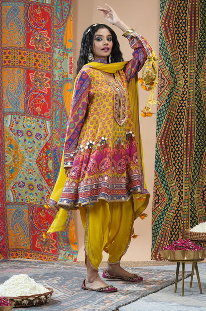 Yellow Viscose Anarkali with Dhoti Pant - Swara Collection