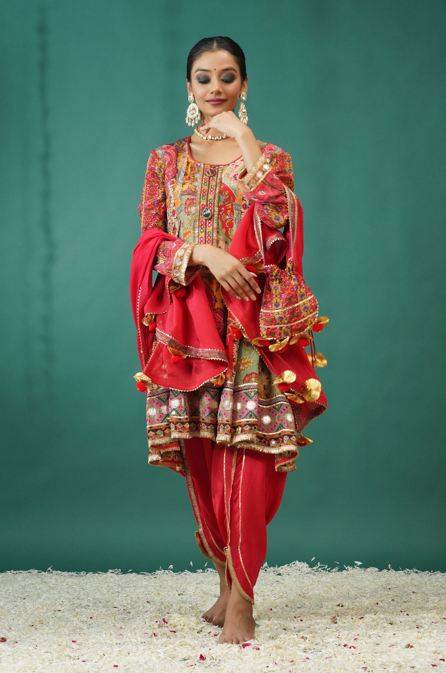 Scarlet Red Short Anarkali with Dhoti Pant : Sawara Collection