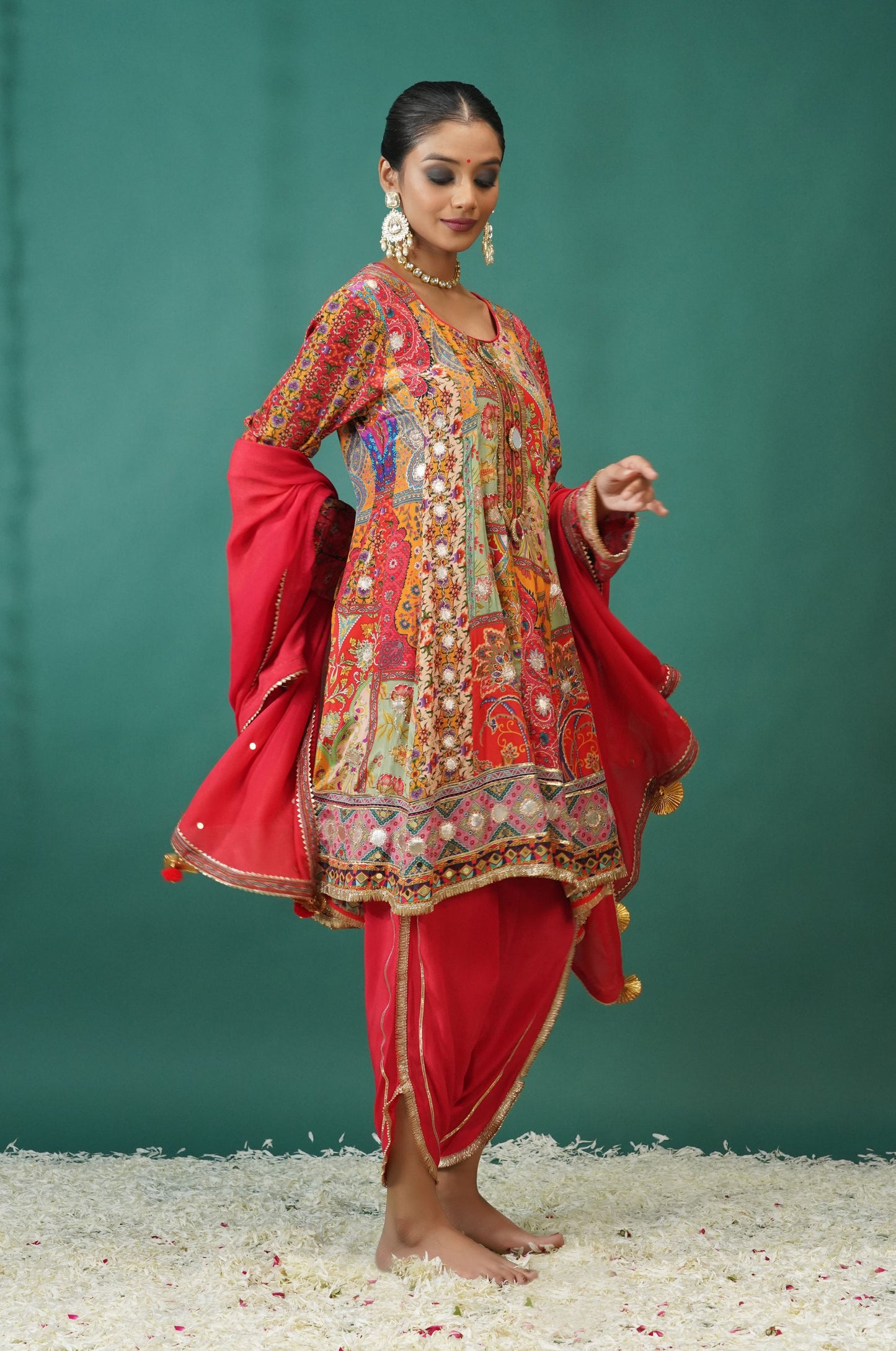 Scarlet Red Short Anarkali with Dhoti Pant : Sawara Collection