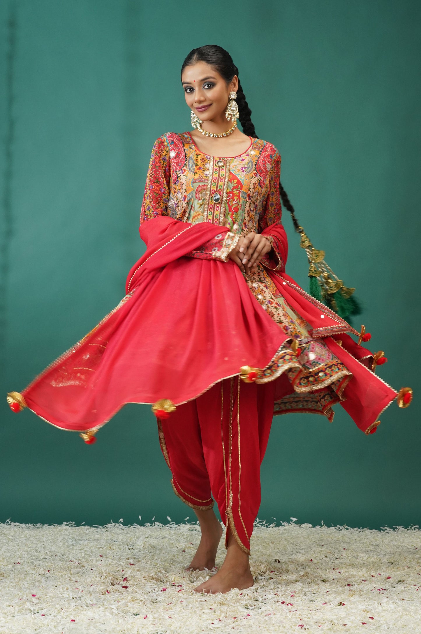 Scarlet Red Short Anarkali with Dhoti Pant : Sawara Collection