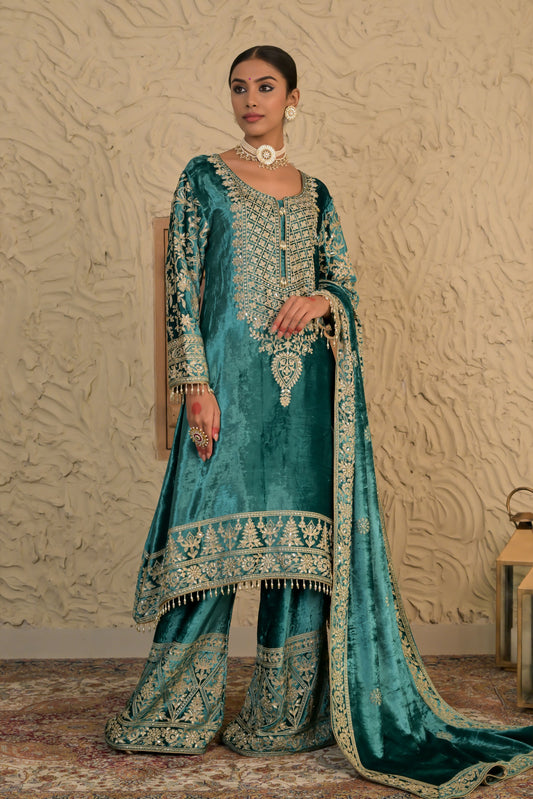 Traditional Embroidered Sea Green Velvet Suit – Noor Celebration Line