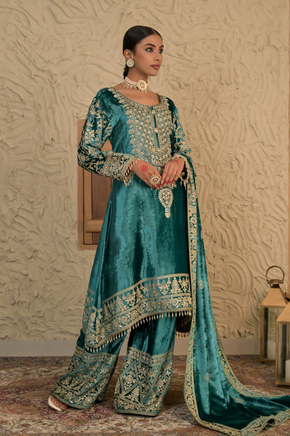 Traditional Embroidered Sea Green Velvet Suit – Noor Celebration Line