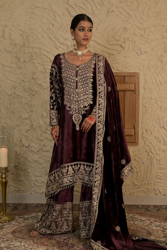 Traditional Embroidered  Seal Brown Velvet Suit  – Noor Celebration Line