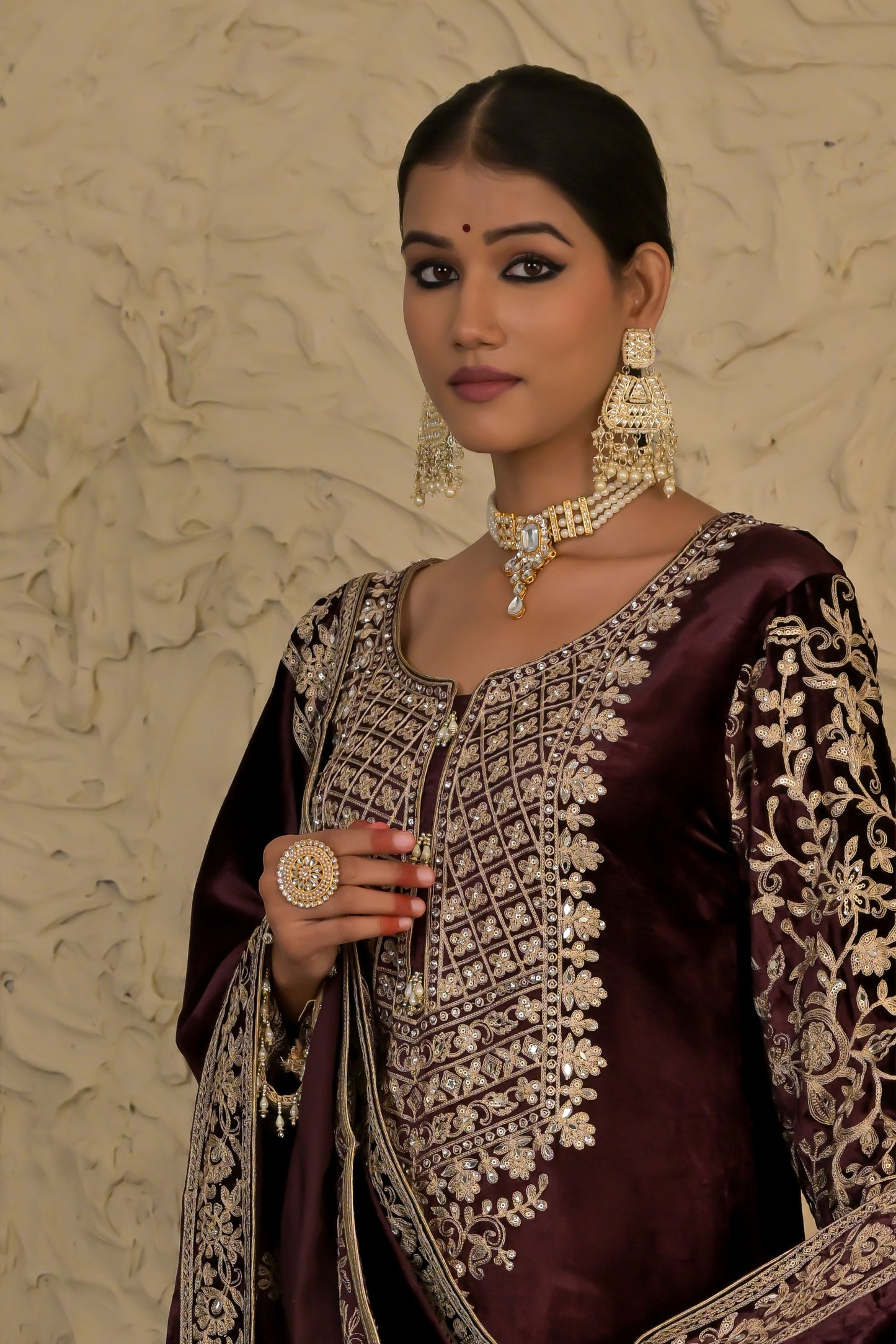 Traditional Embroidered  Seal Brown Velvet Suit  – Noor Celebration Line