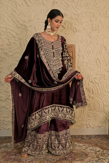 Traditional Embroidered  Seal Brown Velvet Suit  – Noor Celebration Line